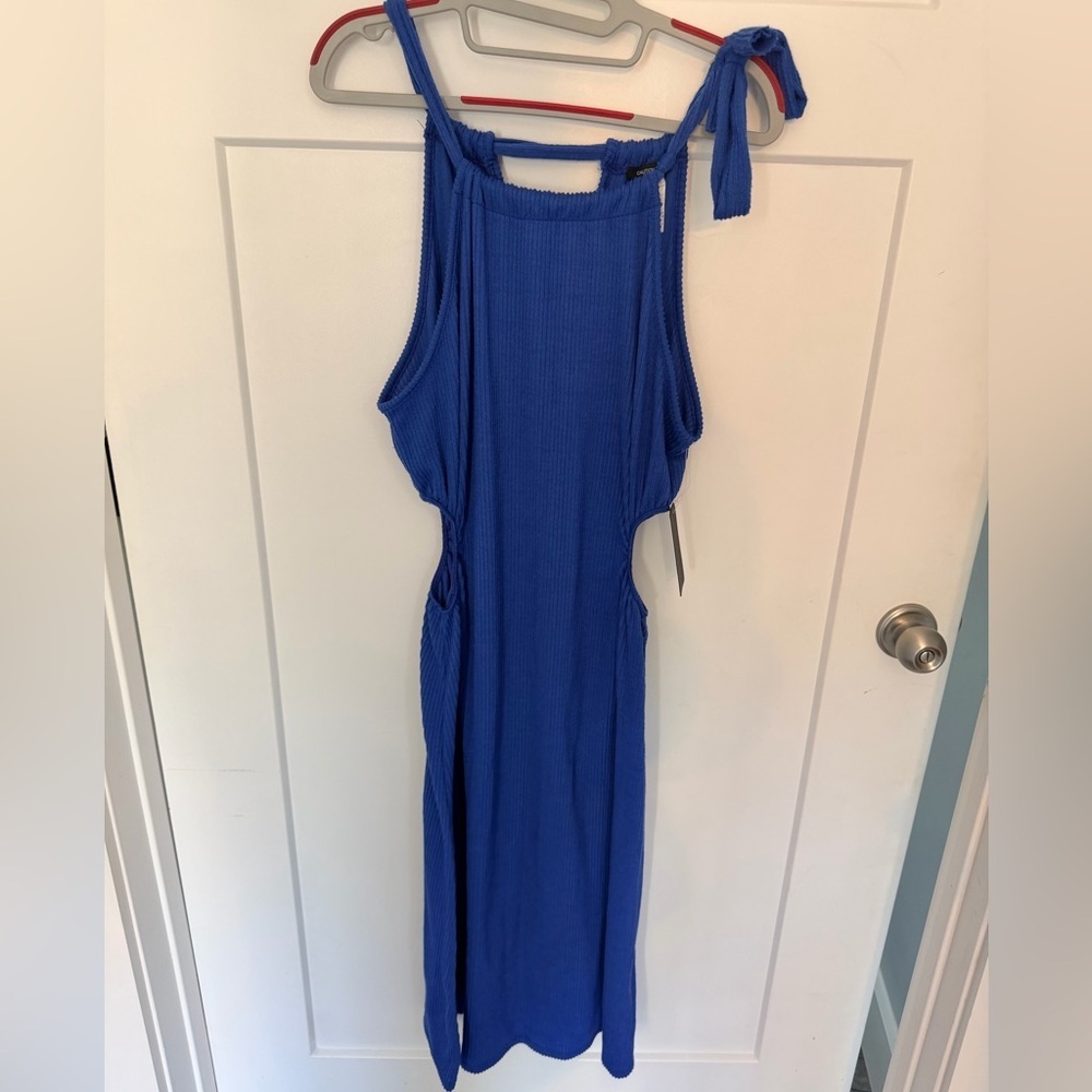 Caution To The Wind Blue Ribbed Cutout Midi Dress Tie Shoulder NWT L